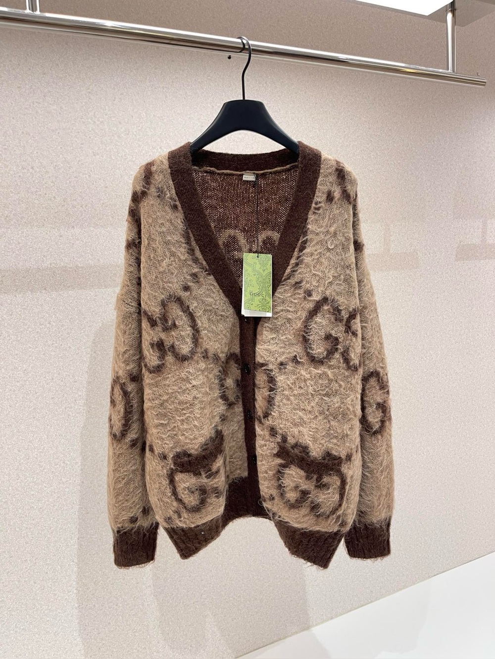 Gucci Brown‑Tone Fuzzy Mohair‑Feel GG Monogram Oversized V‑Neck Cardigan